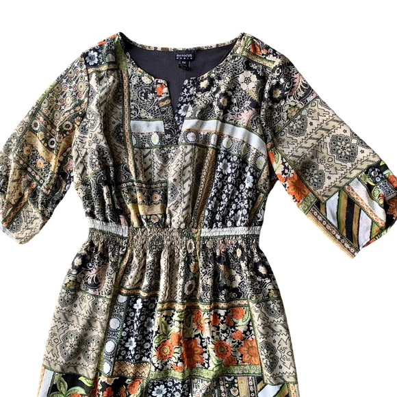 Enfocus Women Multicolor Patchwork Print 3/4 Sleeve Side Slits Midi Dress - Picture 2 of 11